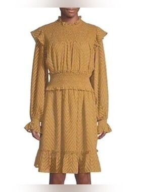 Walter Baker Mustard Yellow Smocked Waist Ruffle Long-Sleeve Dress